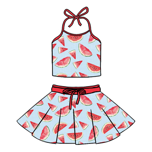 Conjunto de 2 Piezas para Niñas, Top Halter y Falda de Seda Láctea, Estampado Completo, Informal, Transpirable, Ropa de Verano para Niños, Personalizable - Product Image 4