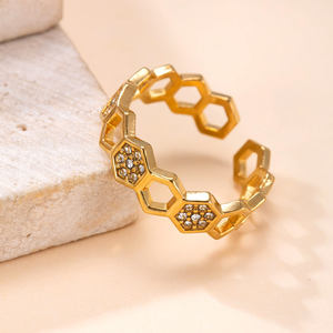 แหวนเปิดรูปทรงรังผึ้ง U.S.-Mexico CupHollow Honeycomb ดีไซน์เพชร สแตนเลสสตีล ของขวัญสำหรับแฟนๆ - Product Image 4