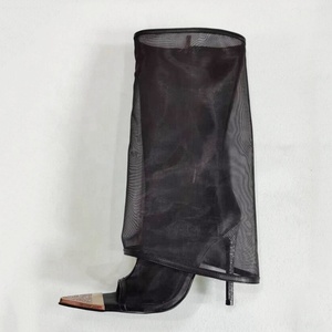 Fishnet Knee High <b>Boots</b> Women Mesh High Heels Stiletto Diamonds Summer Shoes Wide Fit Overlay Sandals - Product Image 6