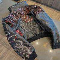 Vêtements manteaux personnalisés cloutés fermeture éclair mousse broderie strass véritable Streetwear motard moto veste en cuir pour hommes