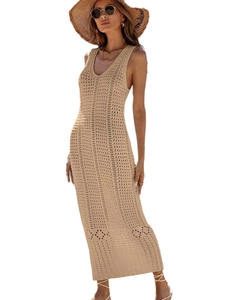 Robe longue maxi décontractée en crochet sans manches pour femme, couleur unie, col en V, ample, pour les vacances d'été à la plage - Product Image 4