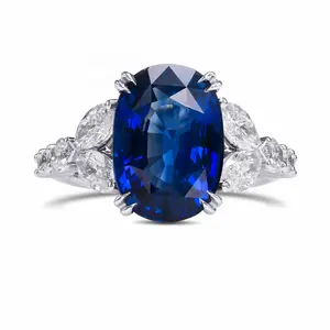 Fine Jewelry 14k 18k Solid White Gold Diamond Side Stone Oval Cut Royal Blue Natural Sapphire Ring for Women