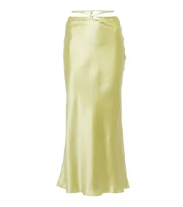 Custom New Fashion Silk Satin Skirts Solid Color Women Girls Clothing Tie Waist Female Midi Skirt