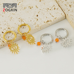 Stainless Steel Devil Eye Hoop Earrings Gold And Silver Color With Orange Bead Geometric Design For Women Fashion Jewelry - Product Image 2
