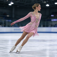 Robe de patinage et de danse rose pour enfants et adultes, en maille à manches longues, avec strass et découpes florales au dos, pour compétition et spectacle de patinage sur glace