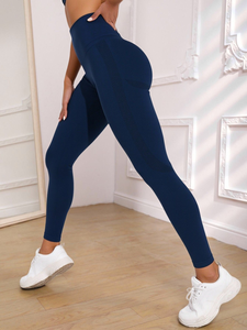 Leggings Yoga a Vita Alta Blu Navy, Lunghezza Intera, Senza Cuciture, con Pannello in Rete, Elasticizzati in Quattro Direzioni - Product Image 3