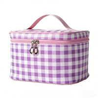 Trousse de Maquillage Rose à Carreaux Vichy avec Poignée, en Polyester Durable et Imperméable, Grande Capacité, Pochette de Voyage pour Articles de Toilette