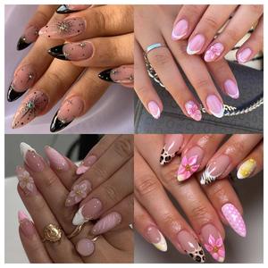 TSZS 24 Uñas Postizas Francesas Almendradas con Pegamento, Diseño de Borde Blanco, Uñas a Presión, Puntas de Uñas Stiletto Rosas Simples y Modernas - Product Image 3