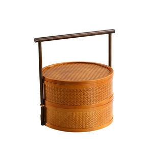 Handmade <b>Bamboo</b> Woven Basket Double Layer Lidded Food <b>Container</b> Round Chinese Retro Style Tea Storage Household Use - Product Image 5