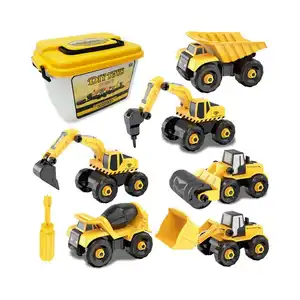 Mainan truk ekskavator kendaraan konstruksi, mainan kendaraan konstruksi dengan kotak penyimpanan 6 dalam 1 DIY untuk anak laki-laki dan perempuan