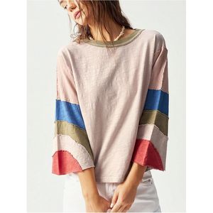 FOXA Women's <b>Patchwork</b> 3/4 Sleeve Oversized T-<b>Shirt</b> Crew Neck Color Block Baggy Top Regular Fit Woven Fabric - Product Image 5