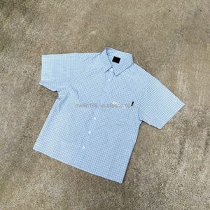Vêtements d'été, T-shirt en coton personnalisé, T-shirt ample à coupe carrée, T-shirt respirant à carreaux avec boutons, T-shirt à manches courtes, Vente en gros - Product Image 5