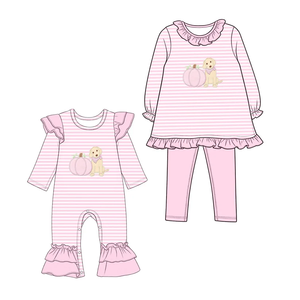 Pumpkins Dogs – ensemble de vêtements d'automne pour bébés filles, tunique à rayures roses, leggings - Product Image 1