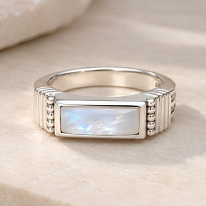 Anillo de Plata de Ley 925 con Piedra Lunar Arcoíris, Cabujón Rectangular, Banda Acanalada, Joyería Elegante para Bodas y Fiestas, Unisex - Product Image 1