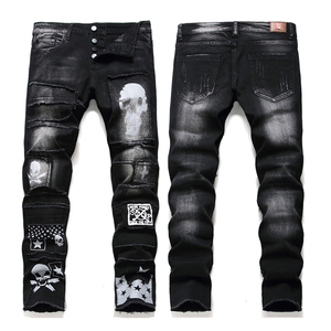 Jeans à logo personnalisé Fabricants de jeans design à trous évasés Jeans en jean <span class=keywords><strong>skinny</strong></span> stretch <span class=keywords><strong>noir</strong></span> imprimé tête de mort pour hommes - Product Image 1