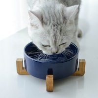 Shamitao – Gamelle double en céramique écologique à bord doré, sur support en bois surélevé, pour chats, chiens et petits animaux d'intérieur
