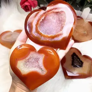 Wholesale Price Red Gem Stone Hand Carved Polished Carnelian Druzy Geode Hearts For Ornament