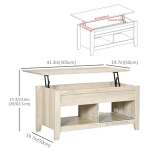 Sollevare il tavolino superiore con vano portaoggetti nascosto a scaffali aperti per sollevare il tavolo Pop-Up per soggiorno effetto rovere