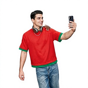 Men's <b>Red</b> <b>Oversized</b> T-<b>Shirt</b> with Front Logo Green Contrast Trim Short Sleeve O-Neck Casual Knitted Cotton Fit - Product Image 4