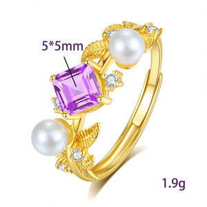 9 Dainty 925 Sterling <b>Silver</b> Gold Plated Leaf Band <b>Adjustable</b> <b>Ring</b> With 5*5mm Natural Stones Fine Jewelry For Women - Product Image 6