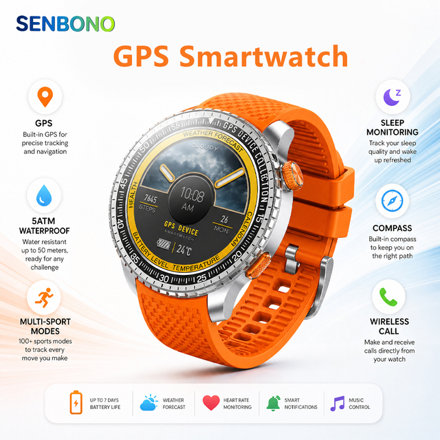 SENBONO MAX88 Large Smartwatch 470mAh Battery GPS & Compass Wireless Calling Fitness Tracker Sleep Monitor Smartwatch for Men