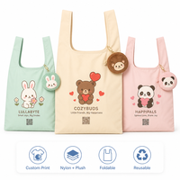 Sac de courses pliable en polyester grande taille avec pochette de rangement en peluche motif ours imprimé dessin animé original, sac d'épicerie réutilisable |   Personnalisé