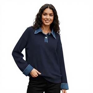 Pull en tricot pour femme à col en jean, manches longues, décontracté, avec poignets contrastants, coupe ample, collection automne-hiver - Product Image 5