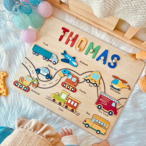 Jeu éducatif en bois Thomas pour enfants de 2 à 4 ans, puzzle de transport avec véhicules et personnalisation du nom, unisexe - Product Image 6