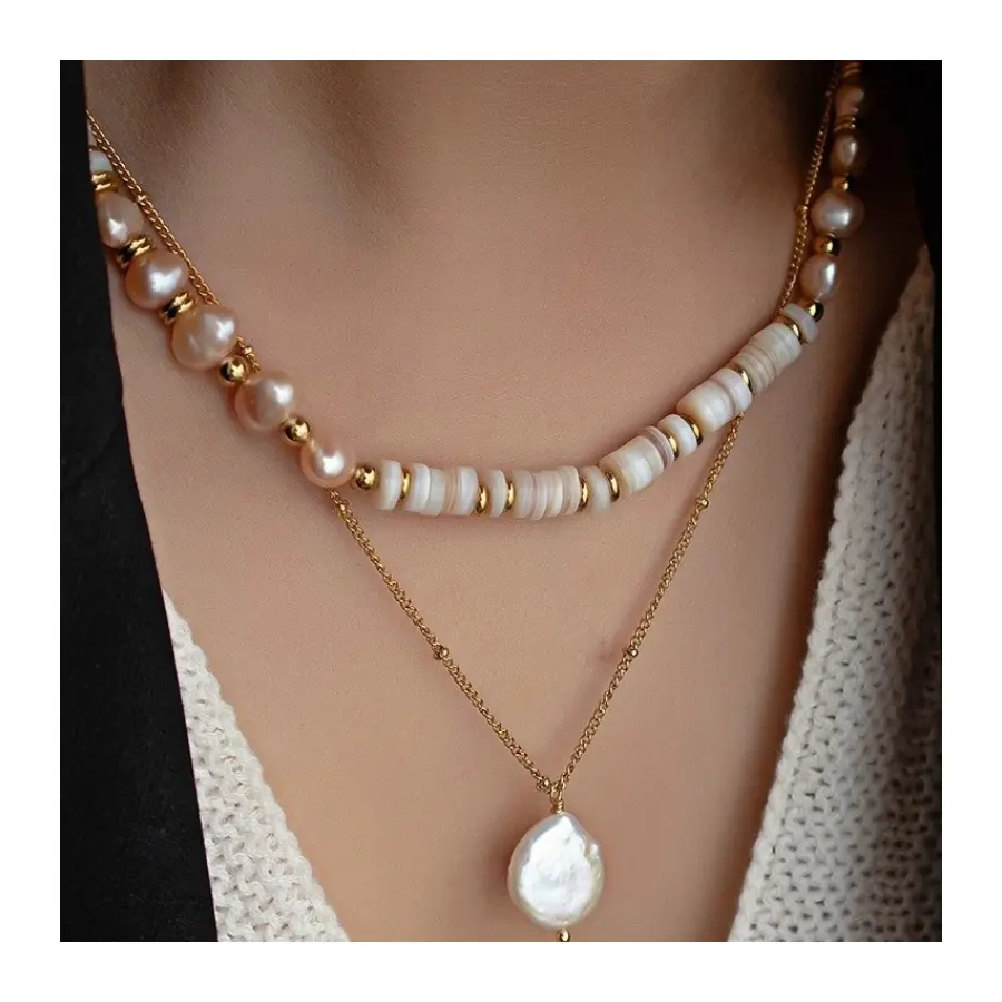 Summly Fashion Vintage Freshwater Pearl Necklace Personalized Bead Pendant Stainless Steel Chain Necklace
