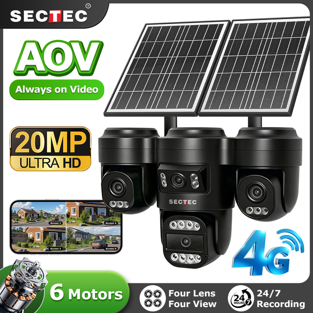 AI-Powered 20MP Quad Lens Solar Camera 4G PTZ CCTV with 360° Panoramic View, Smart Detection & Full Color Night Vision