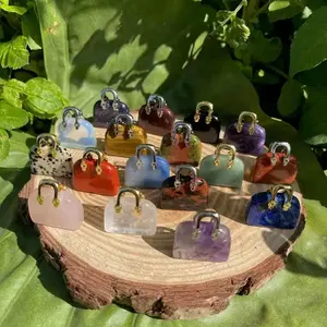 Hand Carved Natural Crystal Bag Statue Ornament Gemstone Real Stone Mini Bag Purse Pendant for Jewelry Making Home Decor Crafts