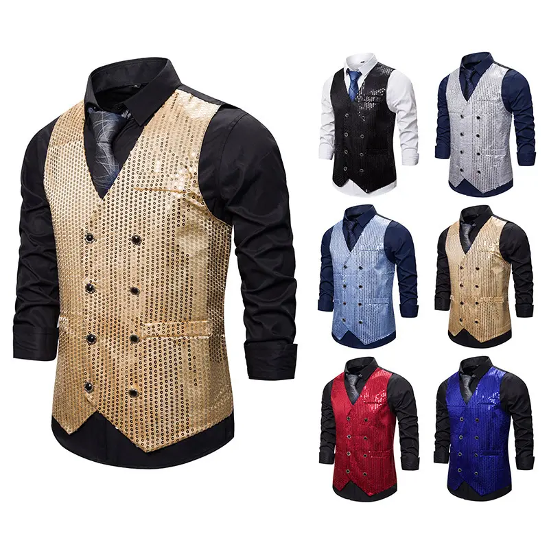 Veste de marque à paillettes pour hommes, tenue de soirée formelle, cintrée avec chaîne, gilet, smoking