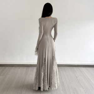 Vestido Maxi Elegante para Mujer, Color Sólido, Cuello Mandarín Elástico, Manga Larga, Dobladillo Recto, Cintura Alta, Capa Transparente de Encaje, Casual - Product Image 5