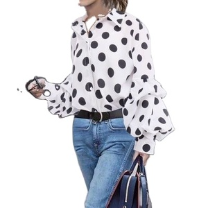 夏の女性用タイネックランタンロングスリーブシフォンドットブラウス - Product Image 1