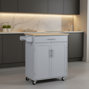 Carrito de cocina móvil gris con cajón, gabinete y toallero, isla rodante moderna de madera contrachapada para cocina - Product Image 2