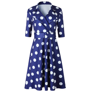 Elegante Signore Ufficio Vintage Africano Blu Delle Donne Midi Abiti Casual Aline Intaglio Risvolto <span class=keywords><strong>Polka</strong></span> <span class=keywords><strong>Dots</strong></span> Stampa Femminile Vestito Da Modo