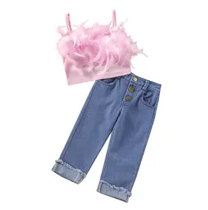 High quality fashionable summer beach suit girls' suspenders + jeans 2pcs children's hot clothes