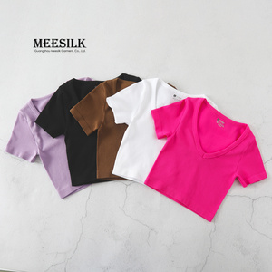 Custom Wholesale High Quality Blank Ribbed Crop Top Slim Fit T-Shirt V-Neck Casual Loose Short Sleeve <strong>Tshirt</strong> <strong>for</strong> <strong>Women</strong> - Product Image 2