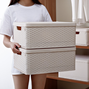 Rattan Pattern Plastic Storage Boxes Stackable Folding Container Collapsible drawer box Storage basket Bins with Lids