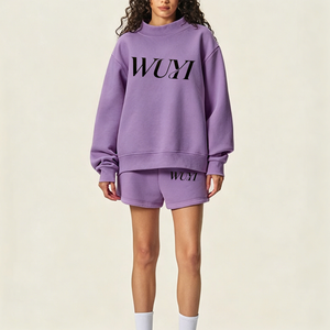 Custom LOGO Women Regular Fit Mockneck Hoodie Pants Sweat <b>Suit</b> Cotton Heavy Weight Crewneck Sweatshirt Shorts Set <b>Button</b> XS - Product Image 4