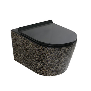 Inodoro Suspendido de Pared de Una Pieza, Diseño Europeo 2020, Negro y Dorado, con Sifón en P y Doble Descarga, para Baños de Hoteles y Villas - Product Image 3