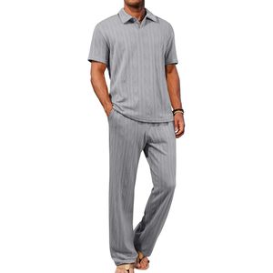 FOXA Mens Polo <b>Set</b> Short Sleeve Textured Pants Casual Summer Breathable 100% Polyester <b>Knitted</b> Outfit - Product Image 2