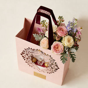 Sac cadeau en papier rose élégant avec logo personnalisé découpé au laser, motif floral, avec poignée en ruban, pour mariage, <span class=keywords><strong>fleuriste</strong></span>, emballage cosmétique - Product Image 3