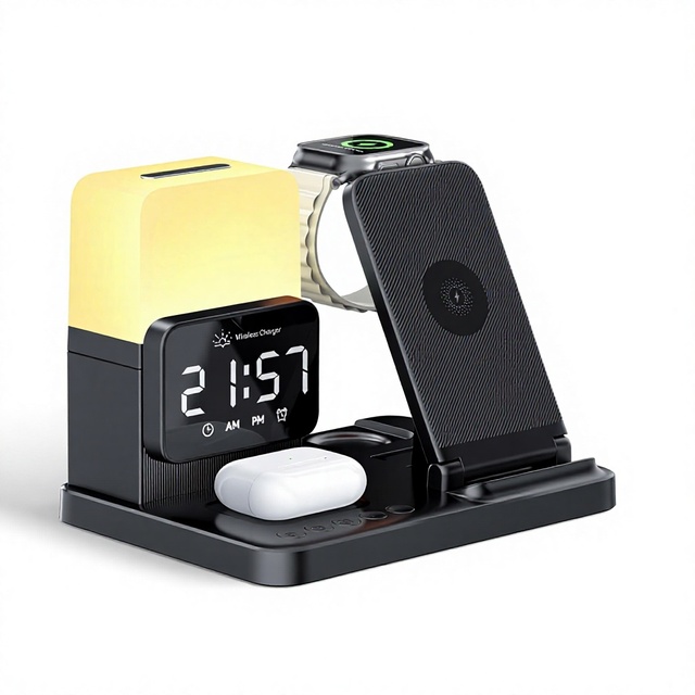 6-in-1 Wireless Charging Station for Devices Night Light/Alarm Clock USB-C 15W Output Gift for Fathers Day