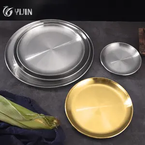 Korean Style Tableware Golden Metal Dishes Round Food Dinner Plate 304 Stainless Steel Serving Tray