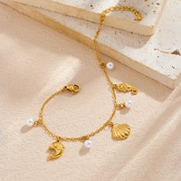 Pulsera de Acero Inoxidable Chapada en Oro de 18k con Colgante de Perla, Concha y Caballito de Mar, Estilo Vacaciones en la Playa, Joyería Impermeable TGSL5683
