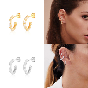 Pair S925 Sterling <b>Silver</b> Elegant Luxury CC Multi-row Inlaid Stone Trend <b>Hoop</b> Stud <b>Earrings</b> - Product Image 2