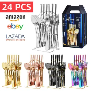 Best Selling Stainless Steel Knife Fork Spoon set 24pcs Gold Flatware Luxury Cutlery Set With Hand Holder