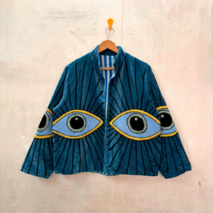 Luxury Teal Blue <b>Velvet</b> Embroidered Suzani <b>Jacket</b> with Evil Eye Pattern Full Sleeve Stand Collar Handmade Boho Autumn Outerwear - Product Image 1