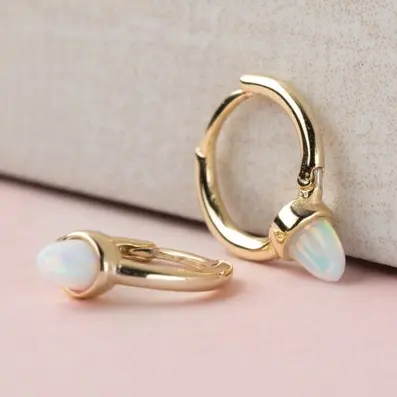 925 Perak Murni Vermeil Perhiasan Mini Kecil Huggie Hoop dengan Opal Pirus Anting Spike untuk Wanita